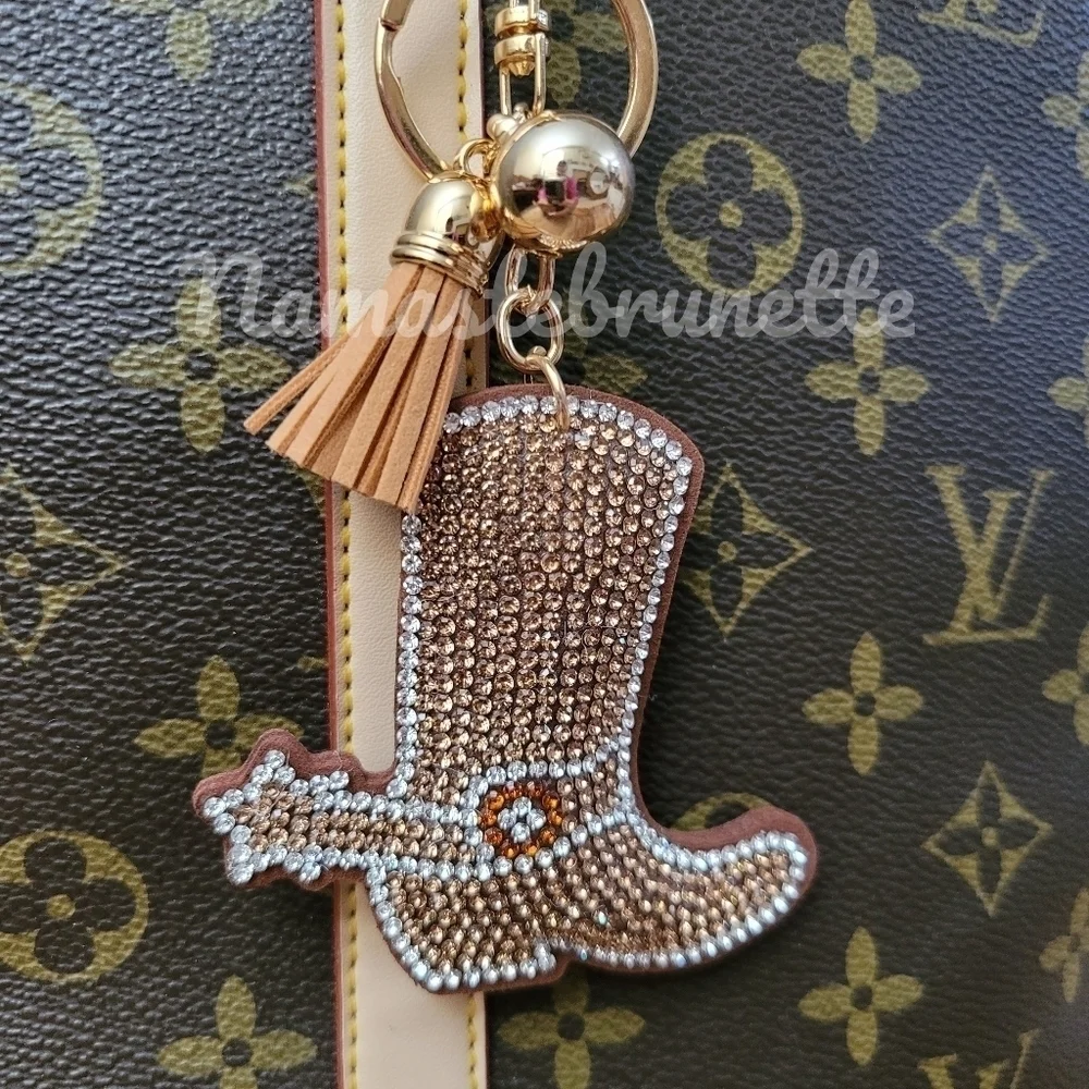Western Boot Crystal Rhinestone Keychain Bag Charm With Tan Tassel